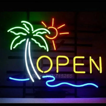 Open with Palm Tree Glass Neon Sign