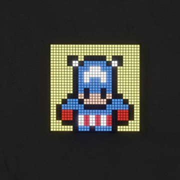 Pixelated character in a superhero costume on a black background