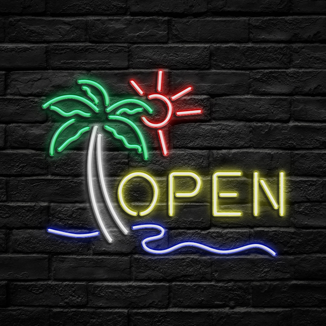 Open with Palm Tree Glass Neon Sign - HexaGara