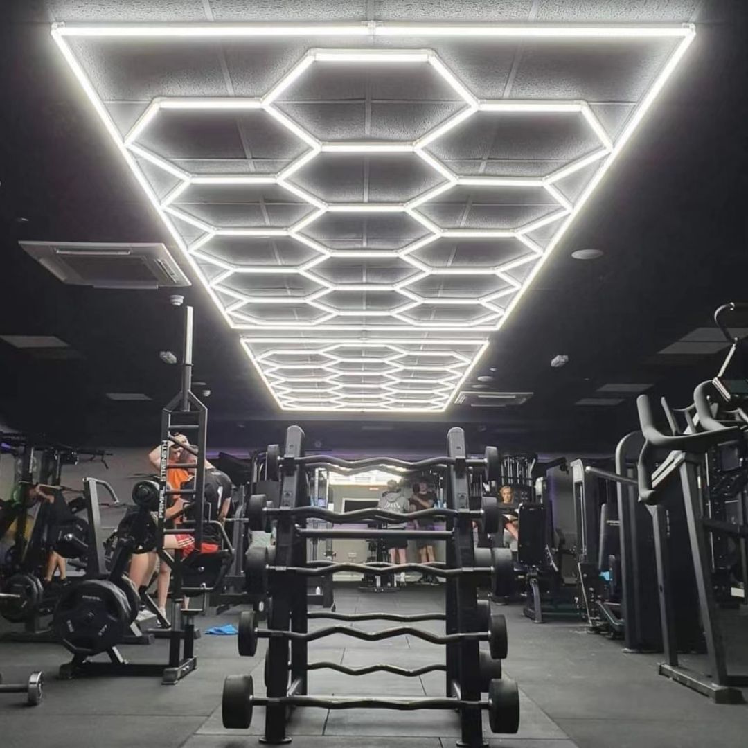 large bright hex lights with border in gym