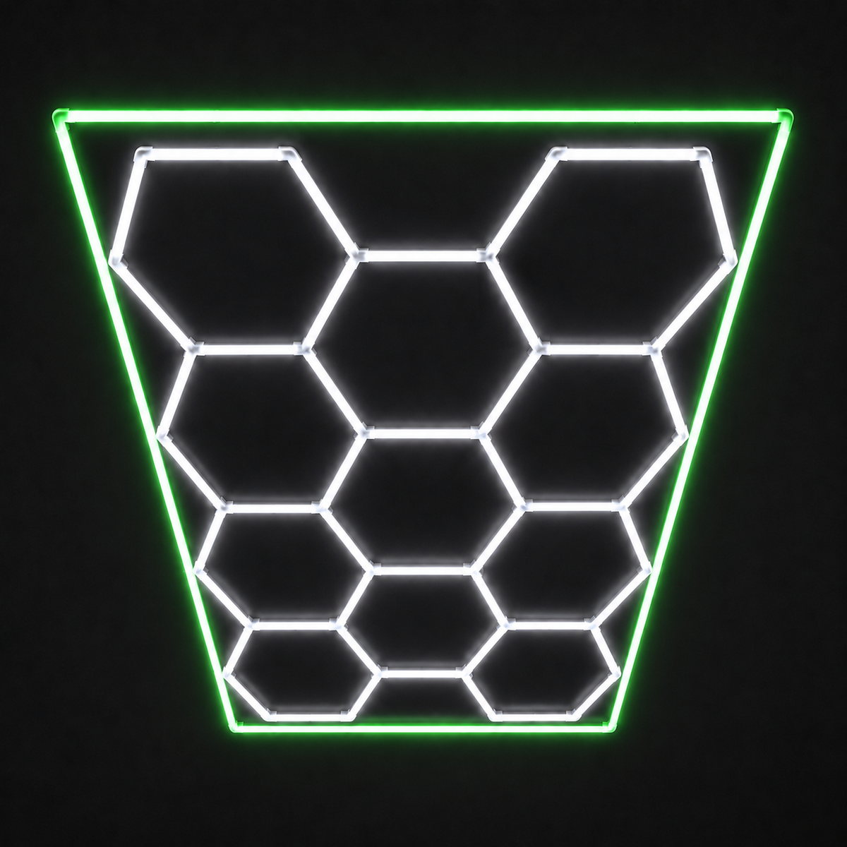 11-Hex LED light grid with Cool White 6500K main lights and Green border