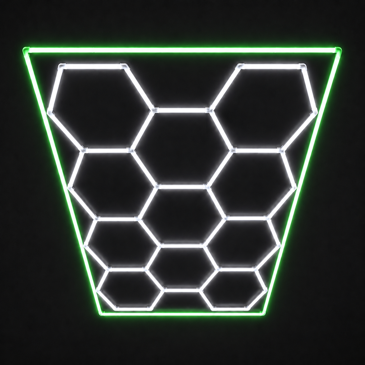 11-Hex LED light grid with Cool White 6500K main lights and Green border