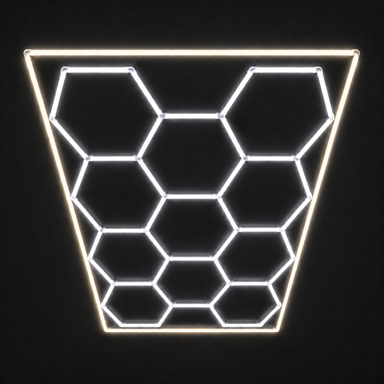 11-Hex LED light grid with Cool White 6500K main lights and Soft White 4000K border