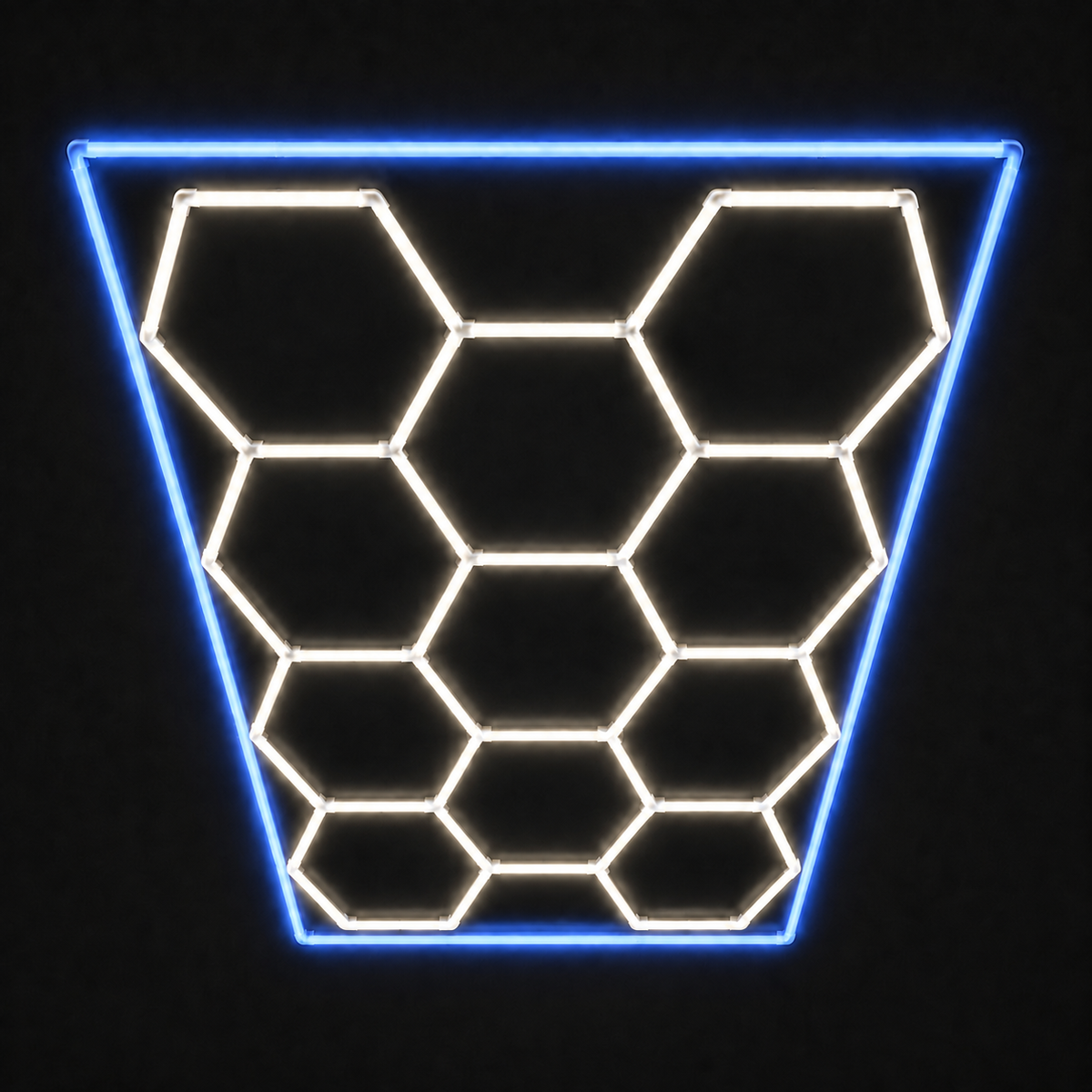 11-Hex LED light grid with Natural White 5000K main lights and Blue border