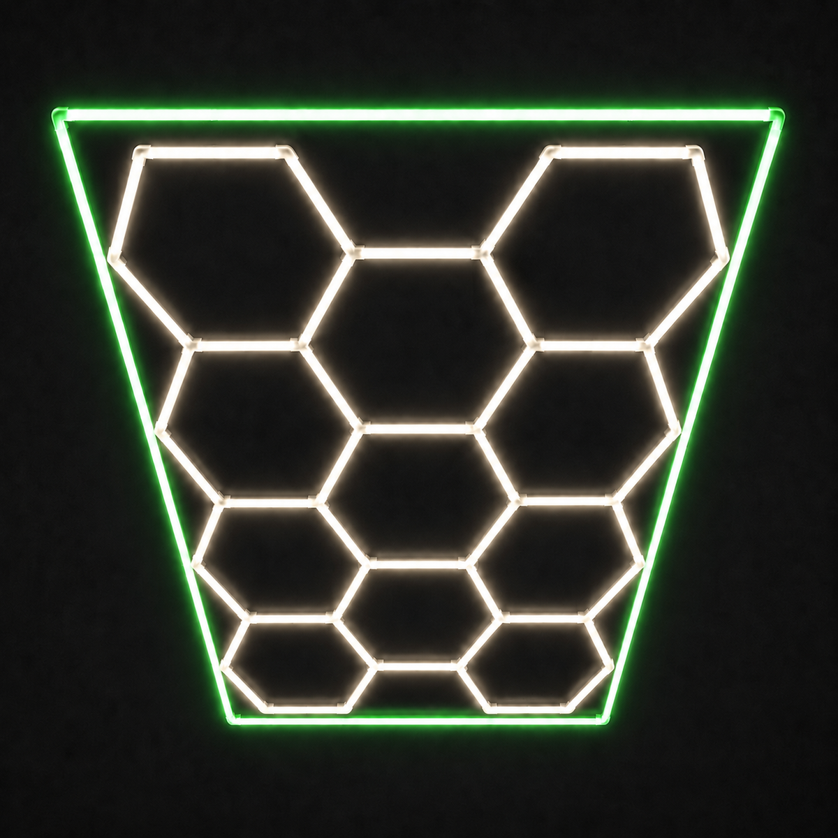 11-Hex LED light grid with Natural White 5000K main lights and Green border