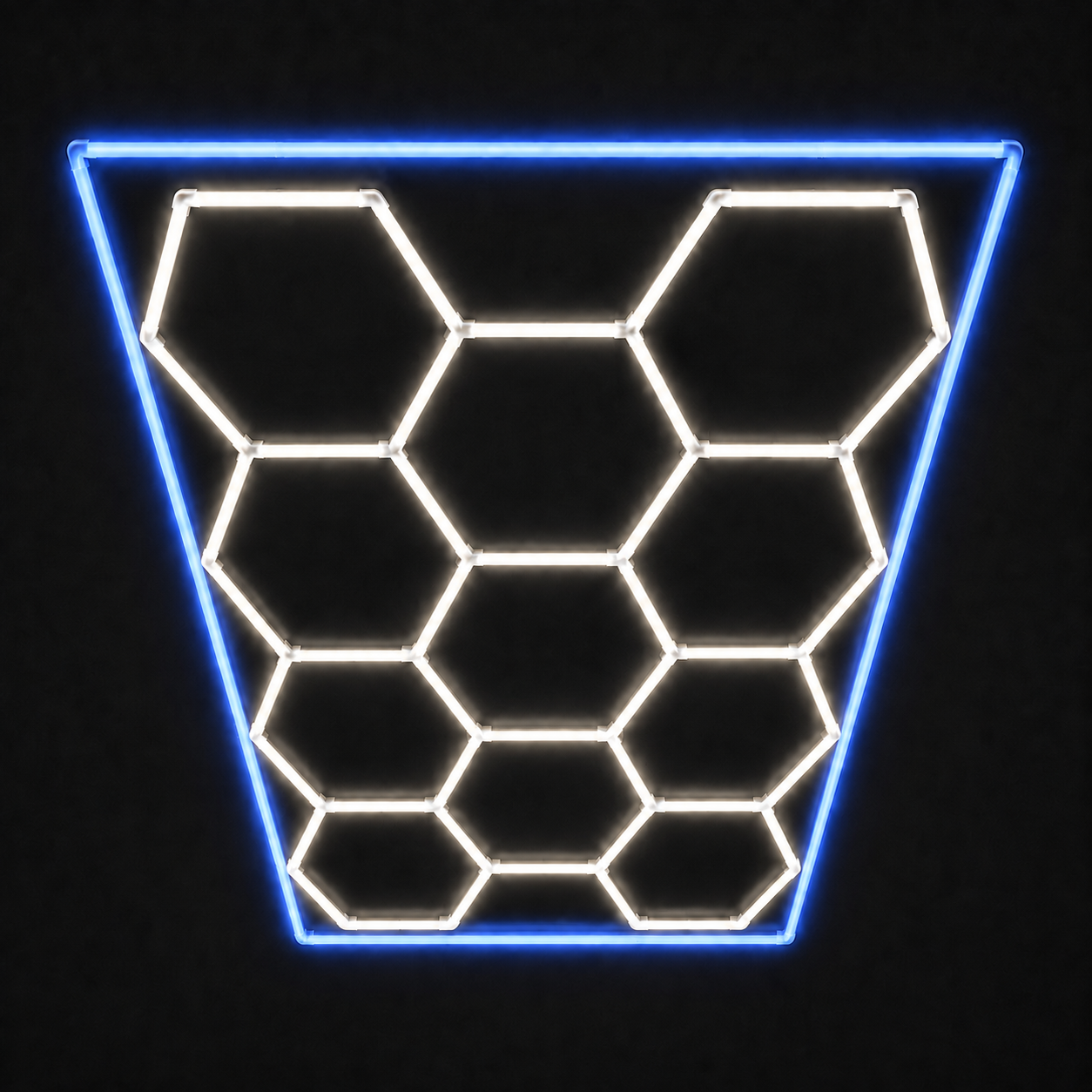 11-Hex LED light grid with Soft White 4000K main lights and Blue border