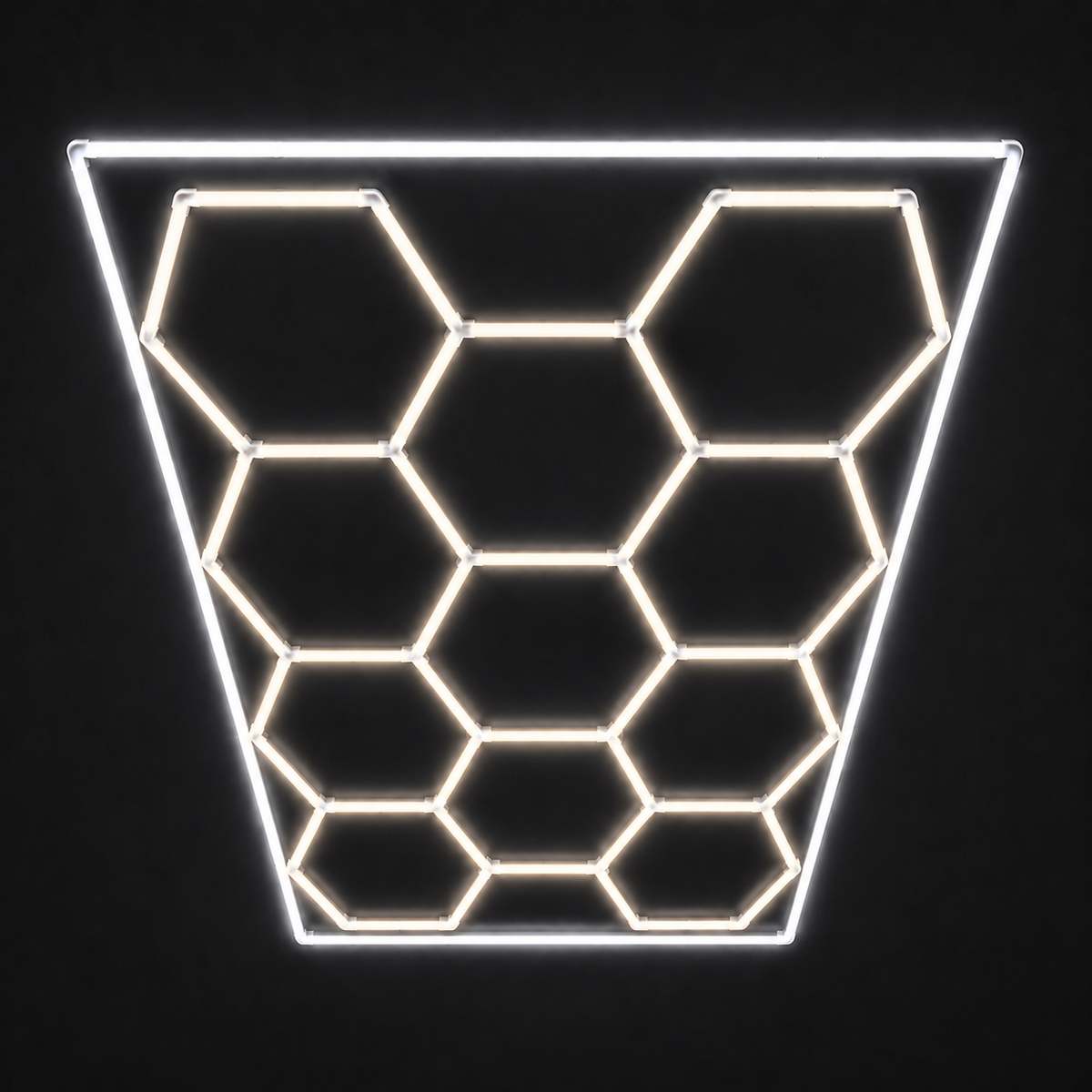 11-Hex LED light grid with Soft White 4000K main lights and Cool White 6500K border