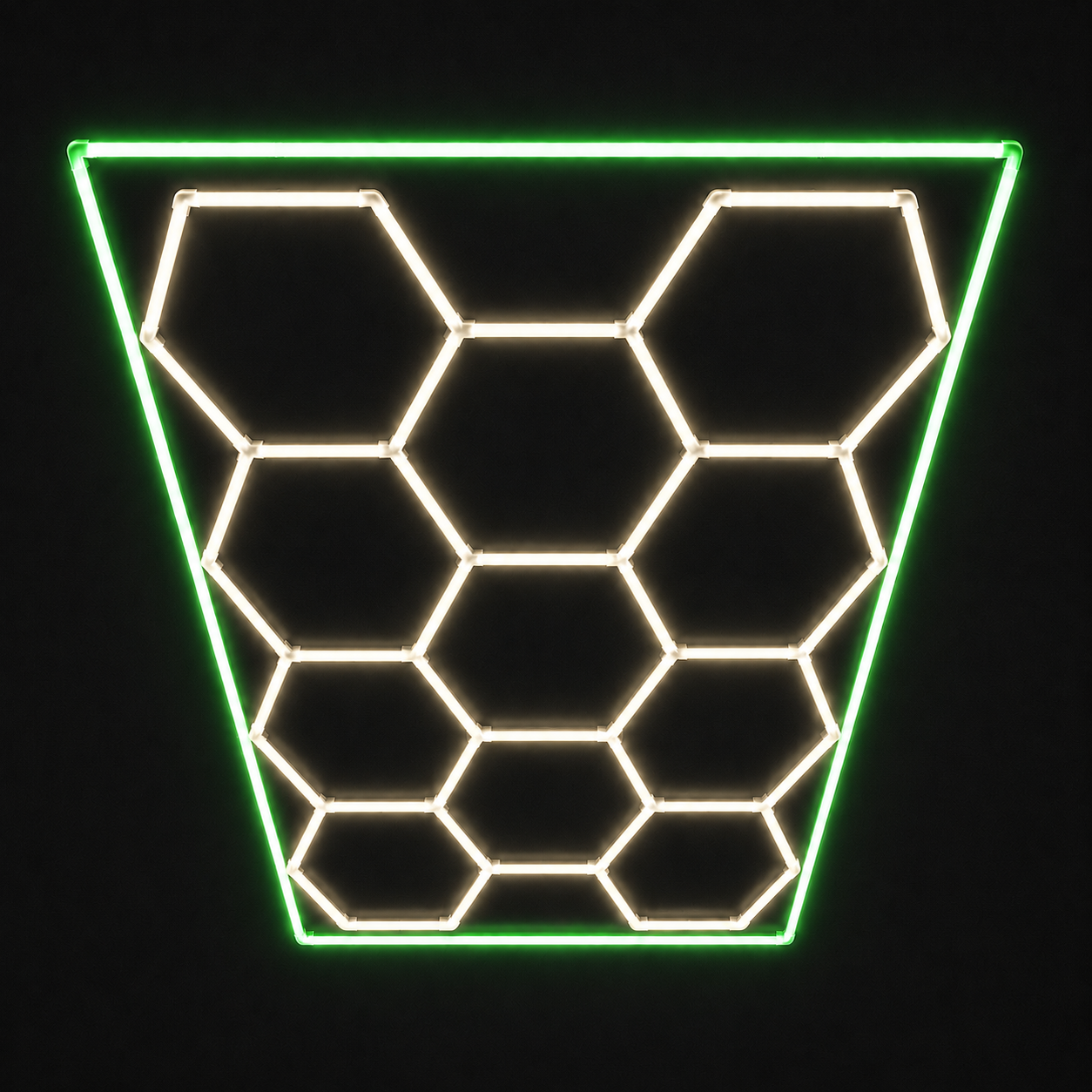 11-Hex LED light grid with Soft White 4000K main lights and Green border