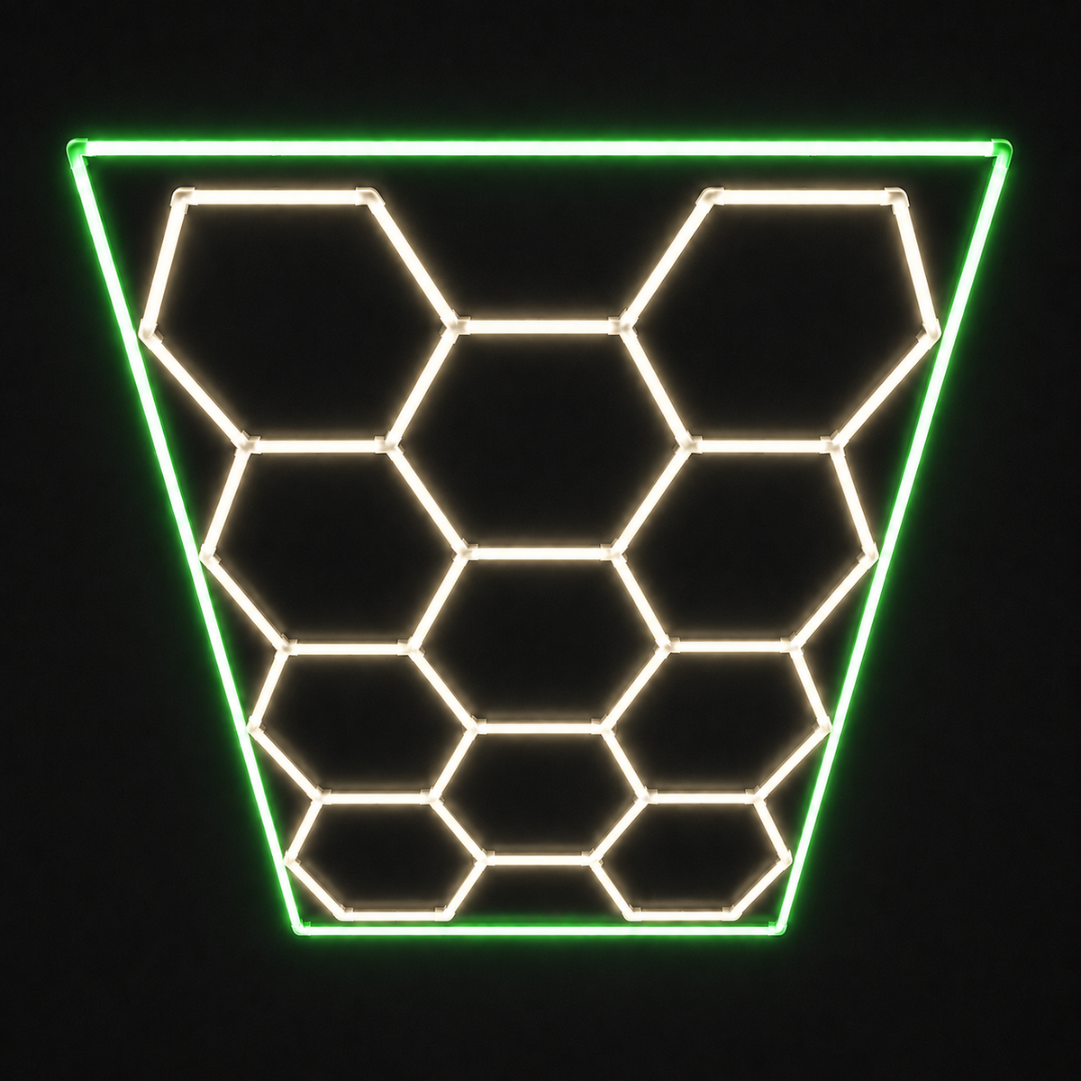 11-Hex LED light grid with Soft White 4000K main lights and Green border