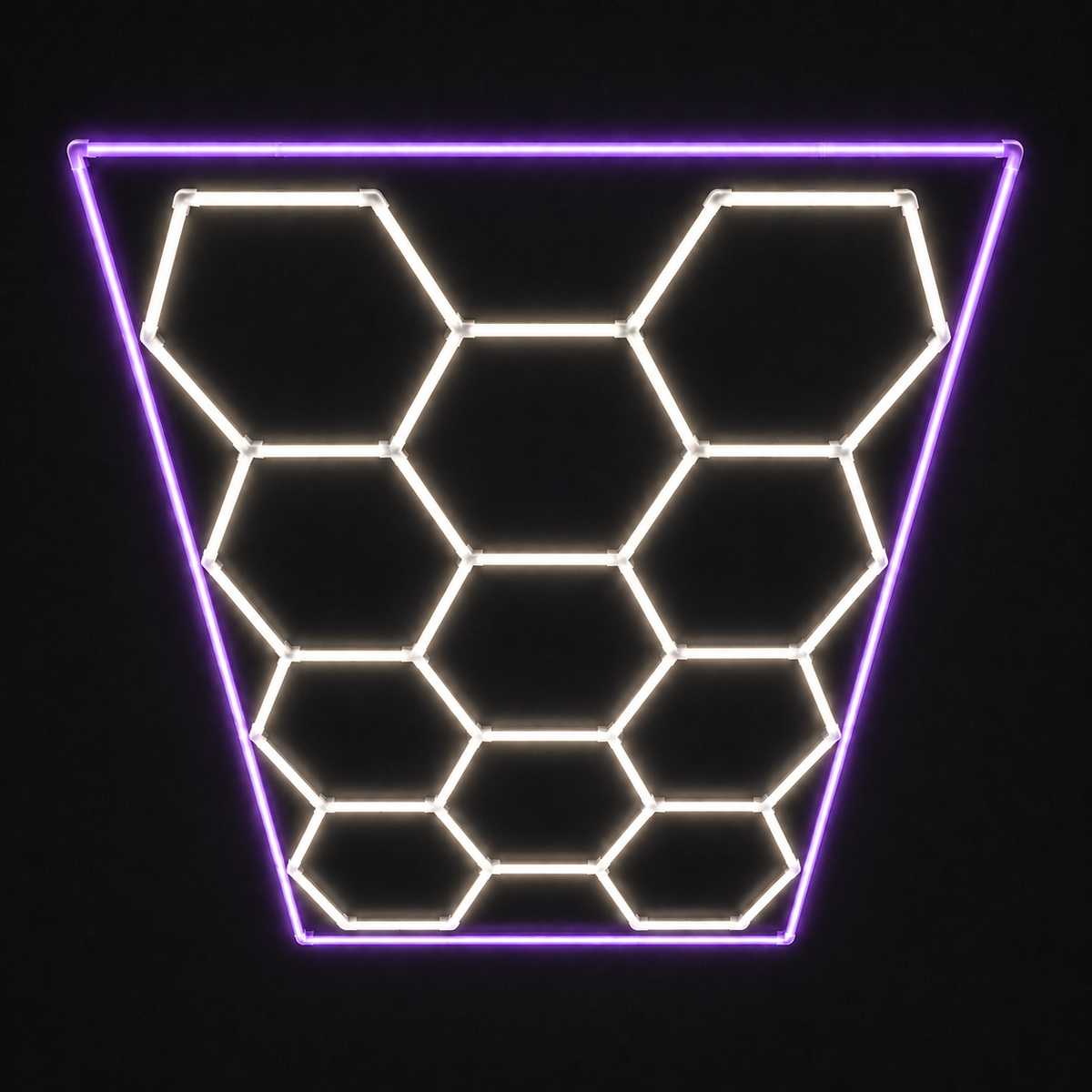 11-Hex LED light grid with Soft White 4000K main lights and Purple border