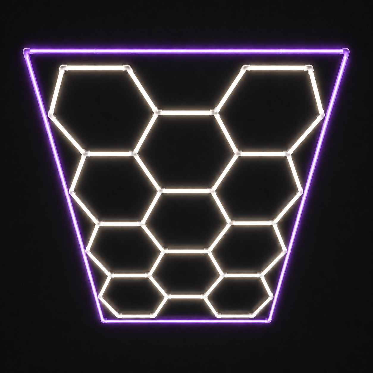 11-Hex LED light grid with Soft White 4000K main lights and Purple border