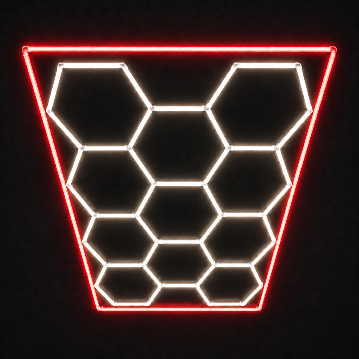 11-Hex LED light grid with Soft White 4000K main lights and Red border