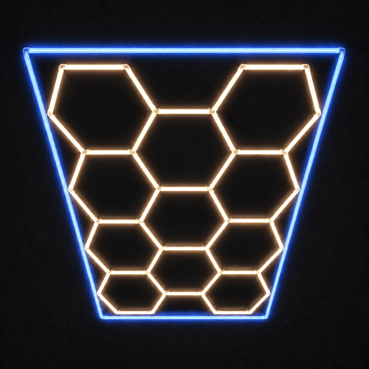 11-Hex LED light grid with Warm White 3000K main lights and Blue border