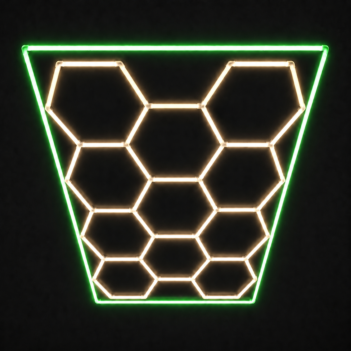 11-Hex LED light grid with Warm White 3000K main lights and Green border