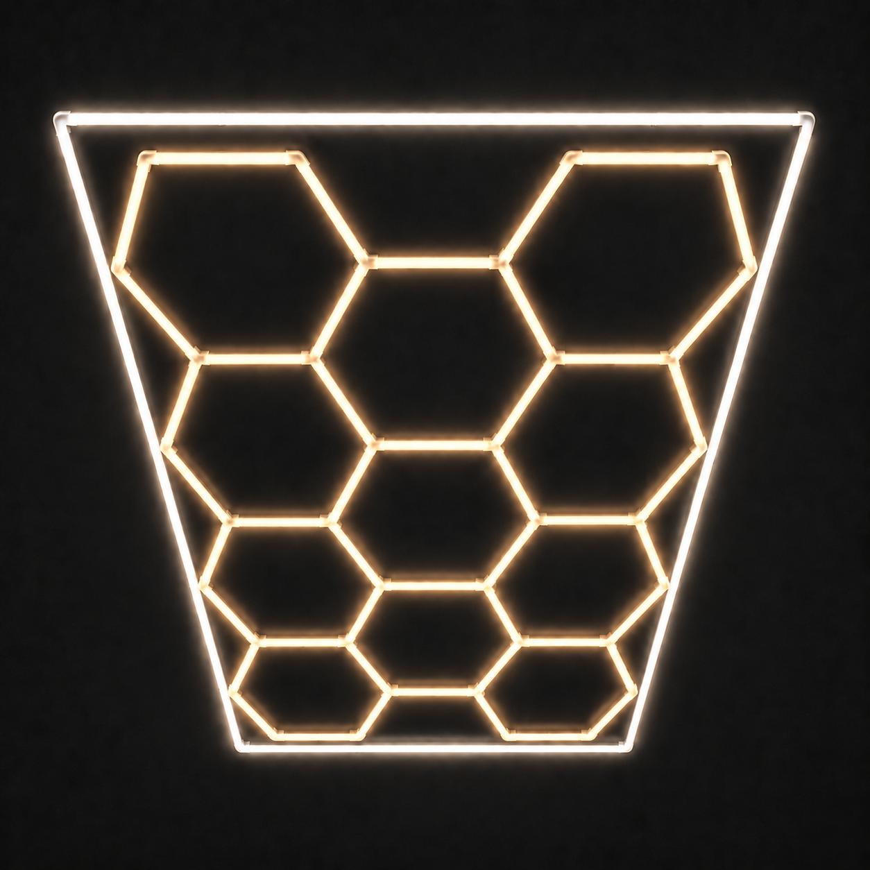 11-Hex LED light grid with Warm White 3000K main lights and Natural White 5000K border