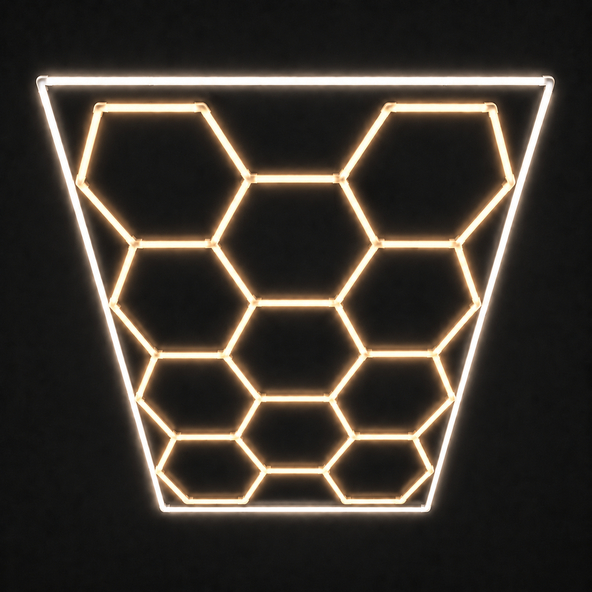 11-Hex LED light grid with Warm White 3000K main lights and Natural White 5000K border