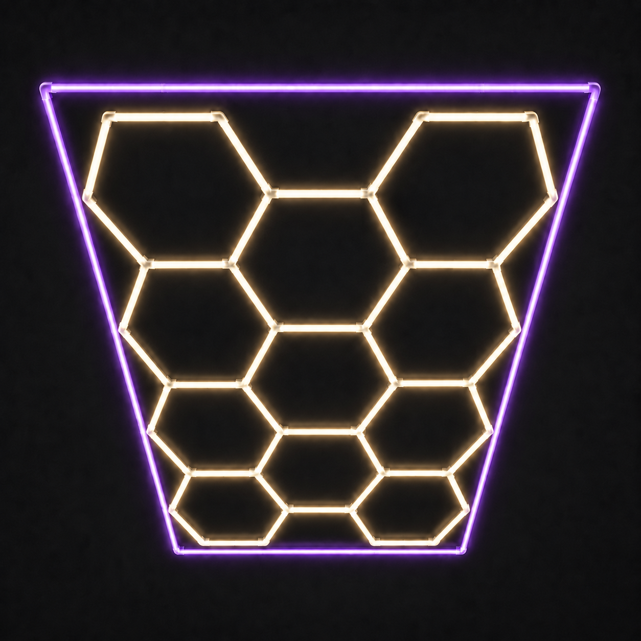 11-Hex LED light grid with Warm White 3000K main lights and Purple border