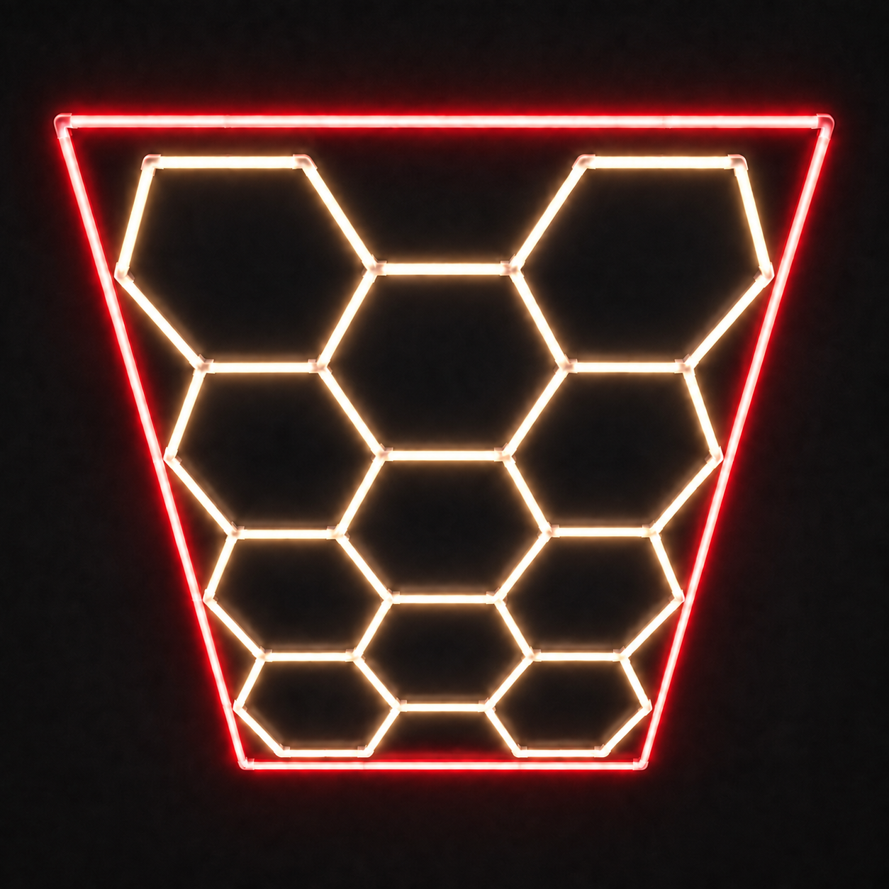 11-Hex LED light grid with Warm White 3000K main lights and Red border