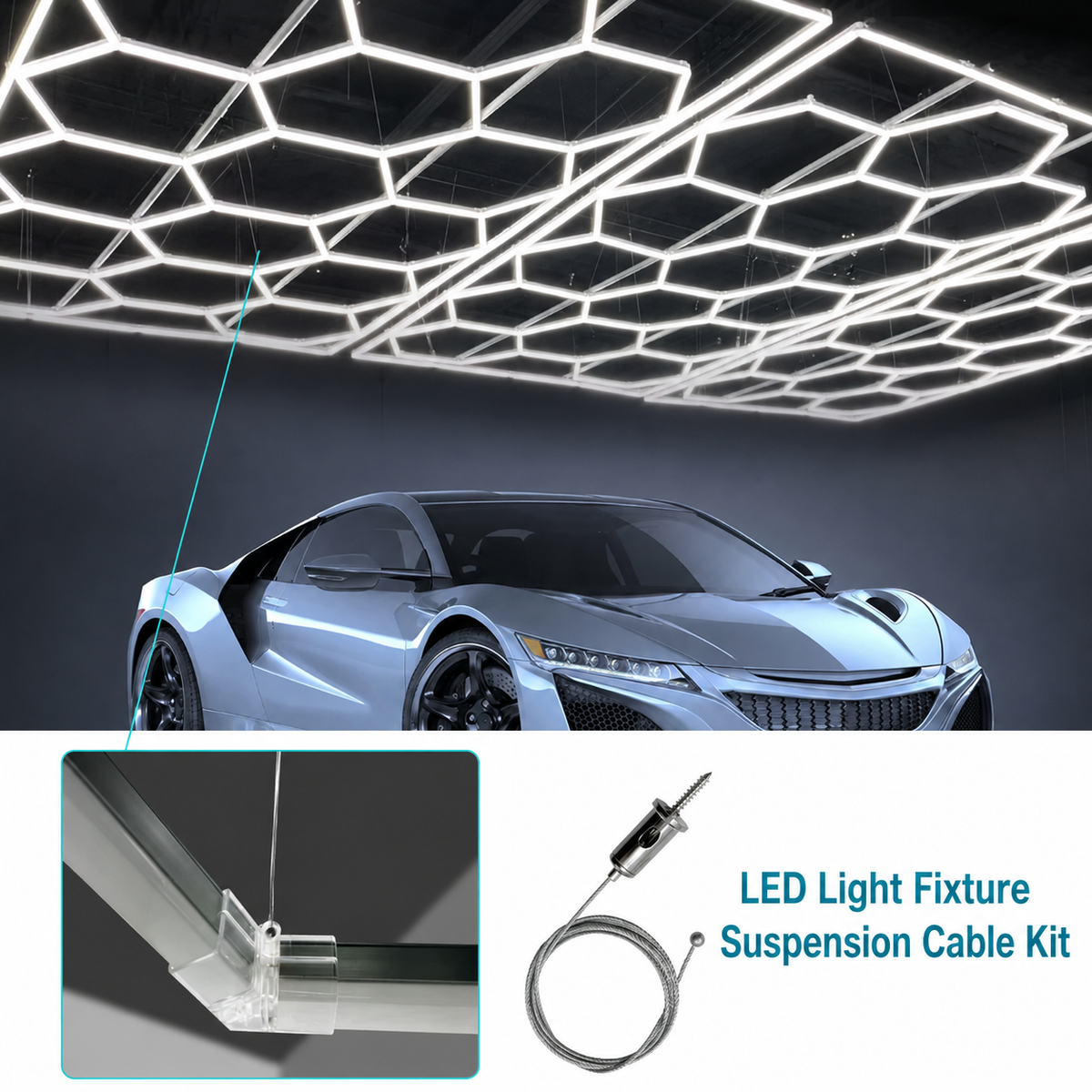 Hexagonal LED light grid suspended above a garage using cable kit