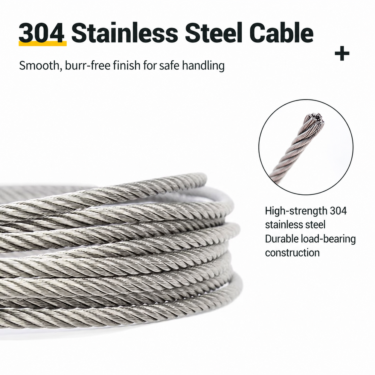 Close-up of high-strength 304 stainless steel suspension cable