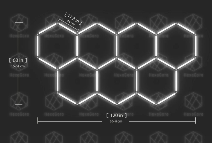 7-Hex LED light grid modular layout dimensions – 10 ft x 5 ft