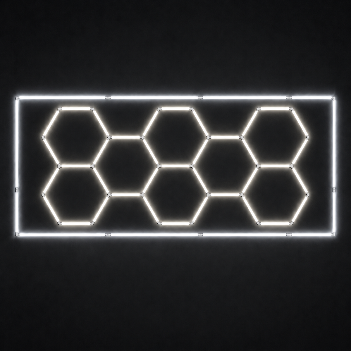 8-hex LED grid with natural white 5000K main lights and cool white 6500K border