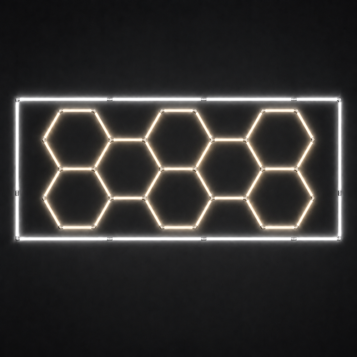 8-hex LED grid with soft white 4000K main lights and cool white 6500K border