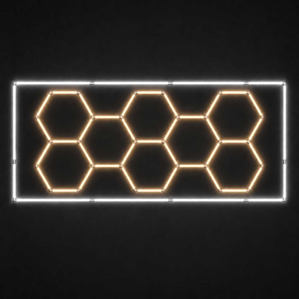8-hex LED grid with warm white 3000K main lights and cool white 6500K border