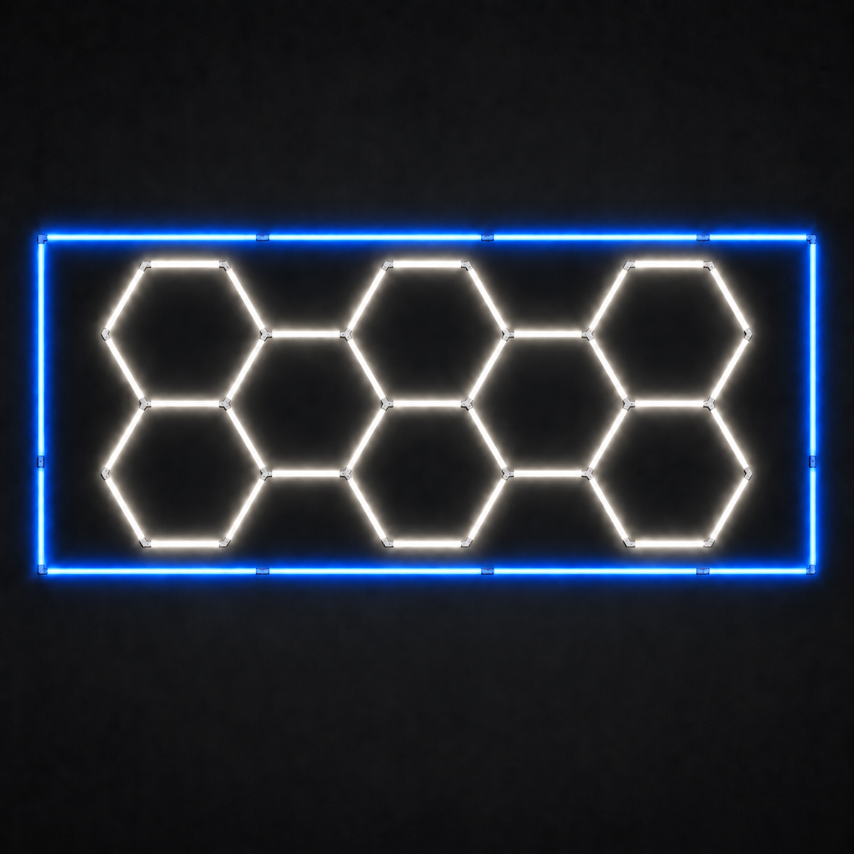8-hex LED grid with Natural White 5000K main lights and Blue border