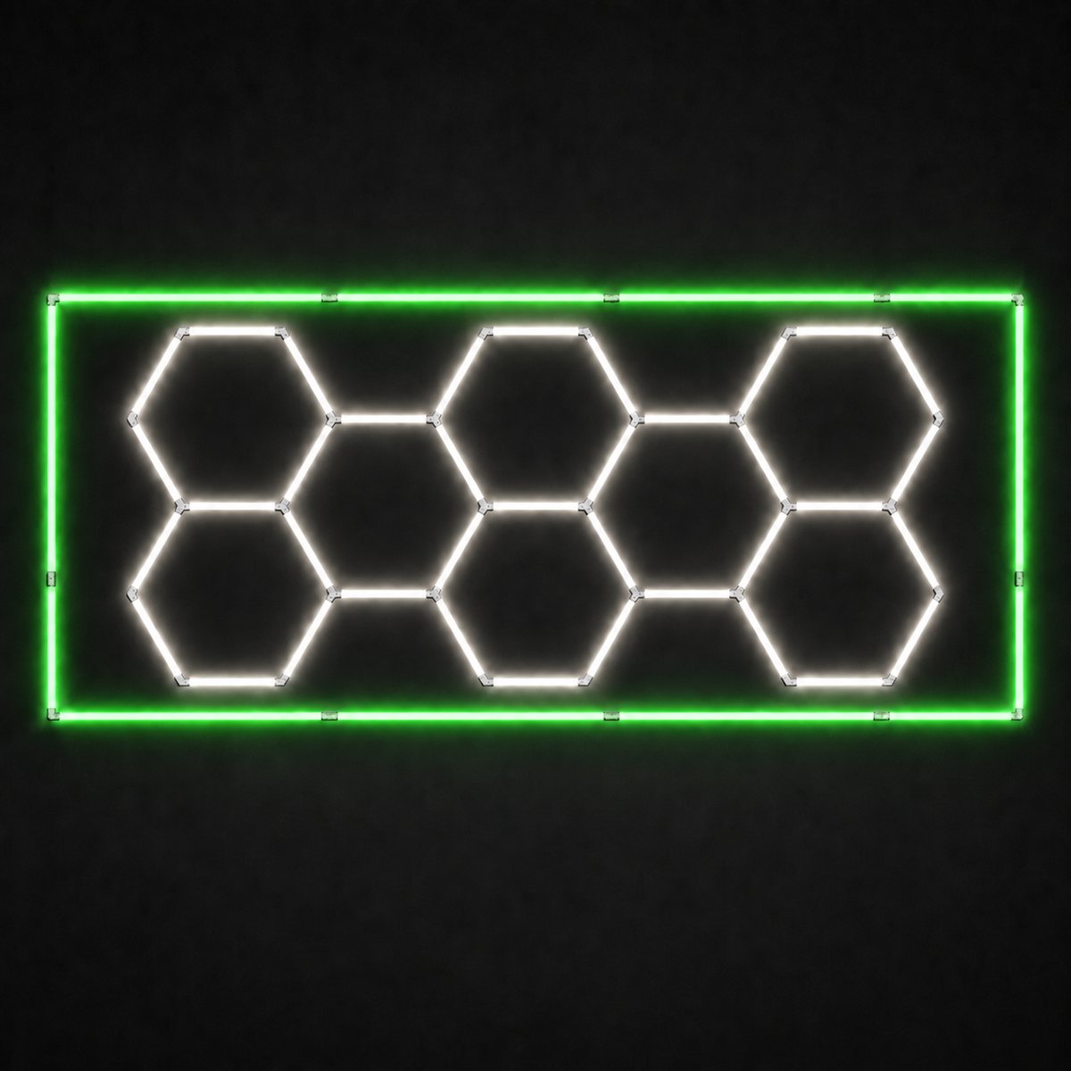 8-hex LED grid with Natural White 5000K main lights and Green border