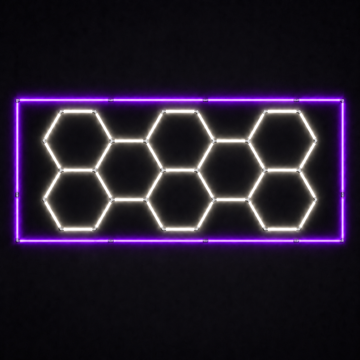 8-hex LED grid with Natural White 5000K main lights and Purple border