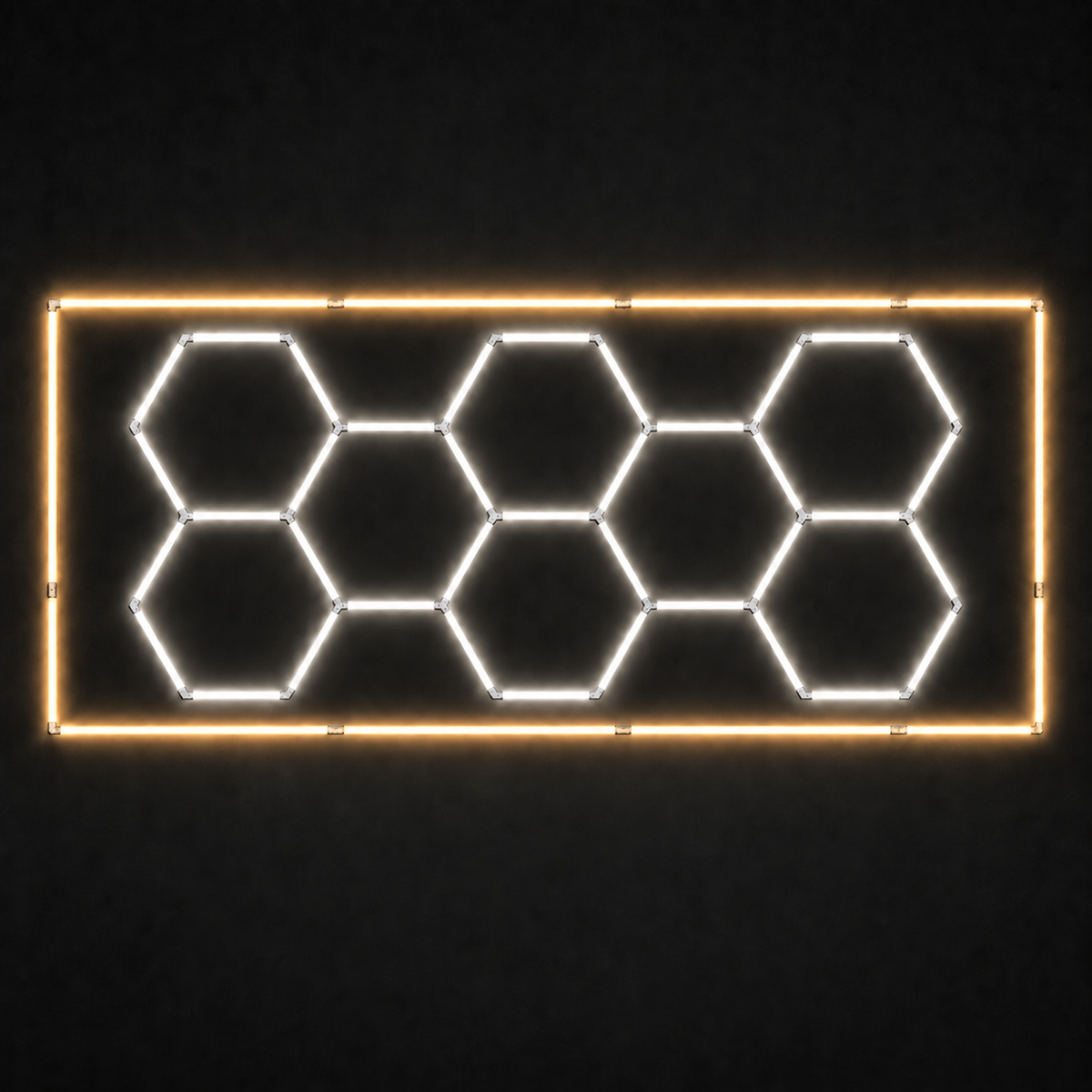8-hex LED grid with Natural White 5000K main lights and Warm White 3000K border
