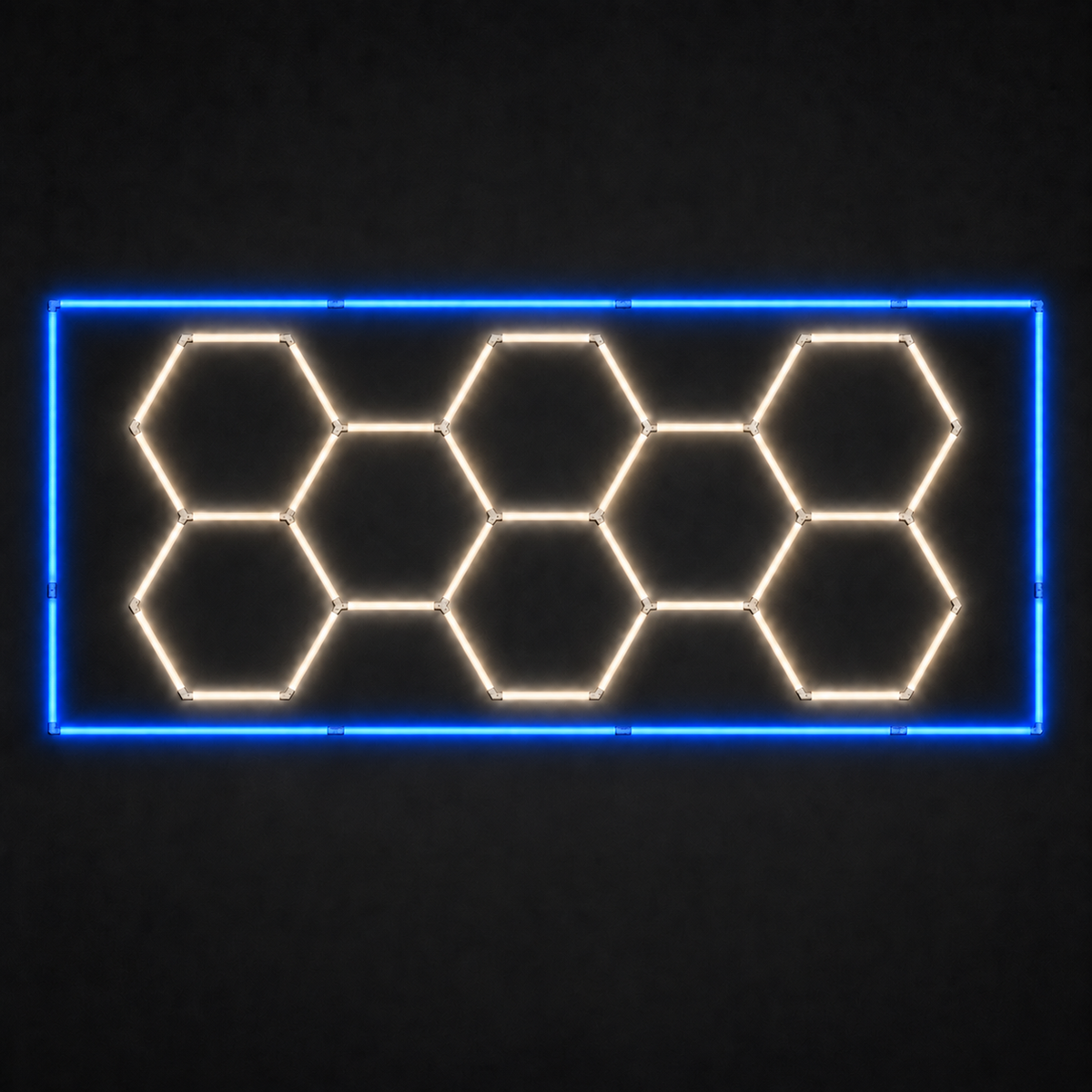 8-hex LED grid with Soft White 4000K main lights and Blue border