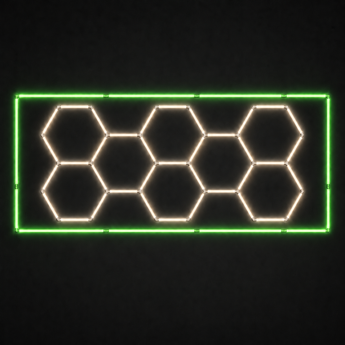 8-hex LED grid with Soft White 4000K main lights and Green border