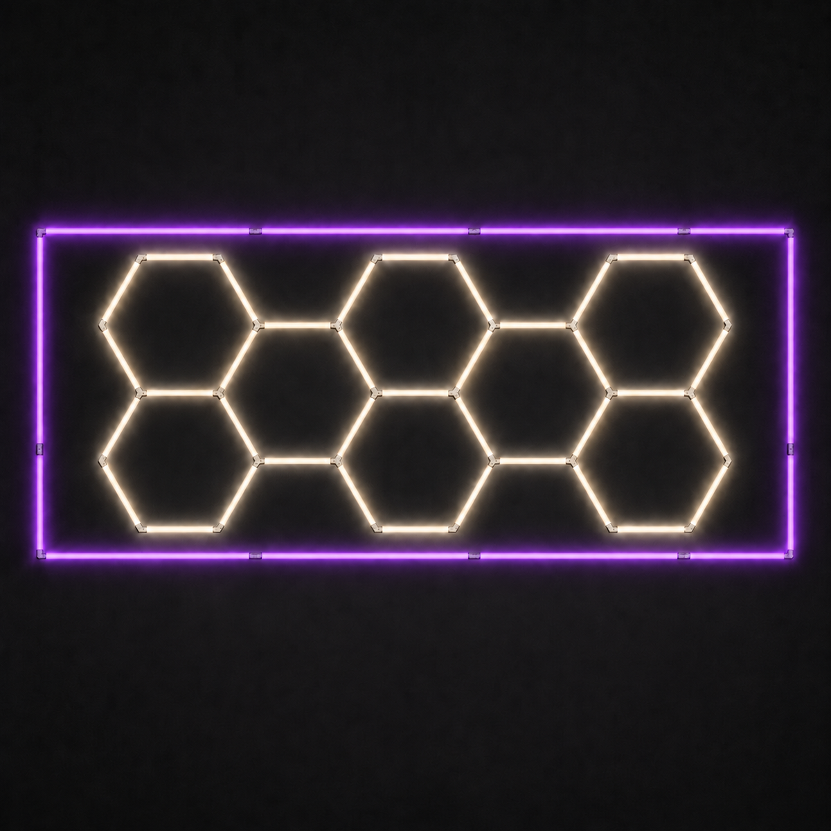 8-hex LED grid with Soft White 4000K main lights and Purple border