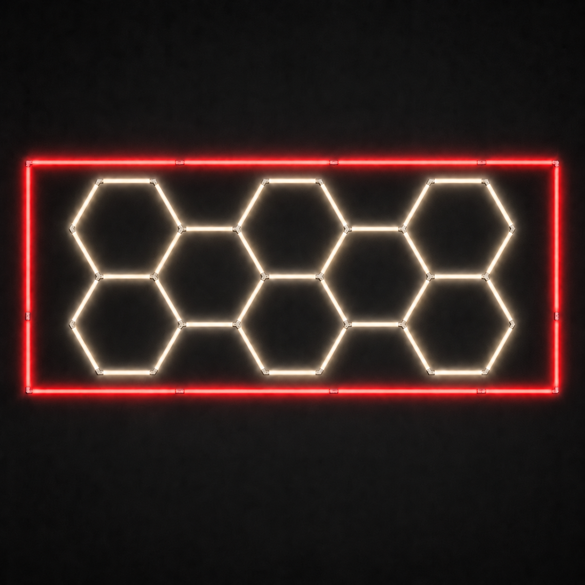 8-hex LED grid with Soft White 4000K main lights and Red border