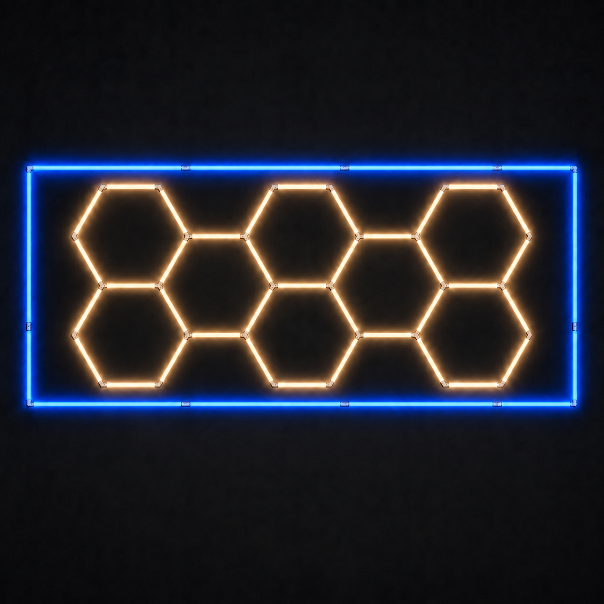 8-hex LED grid with Warm White 3000K main lights and Blue border