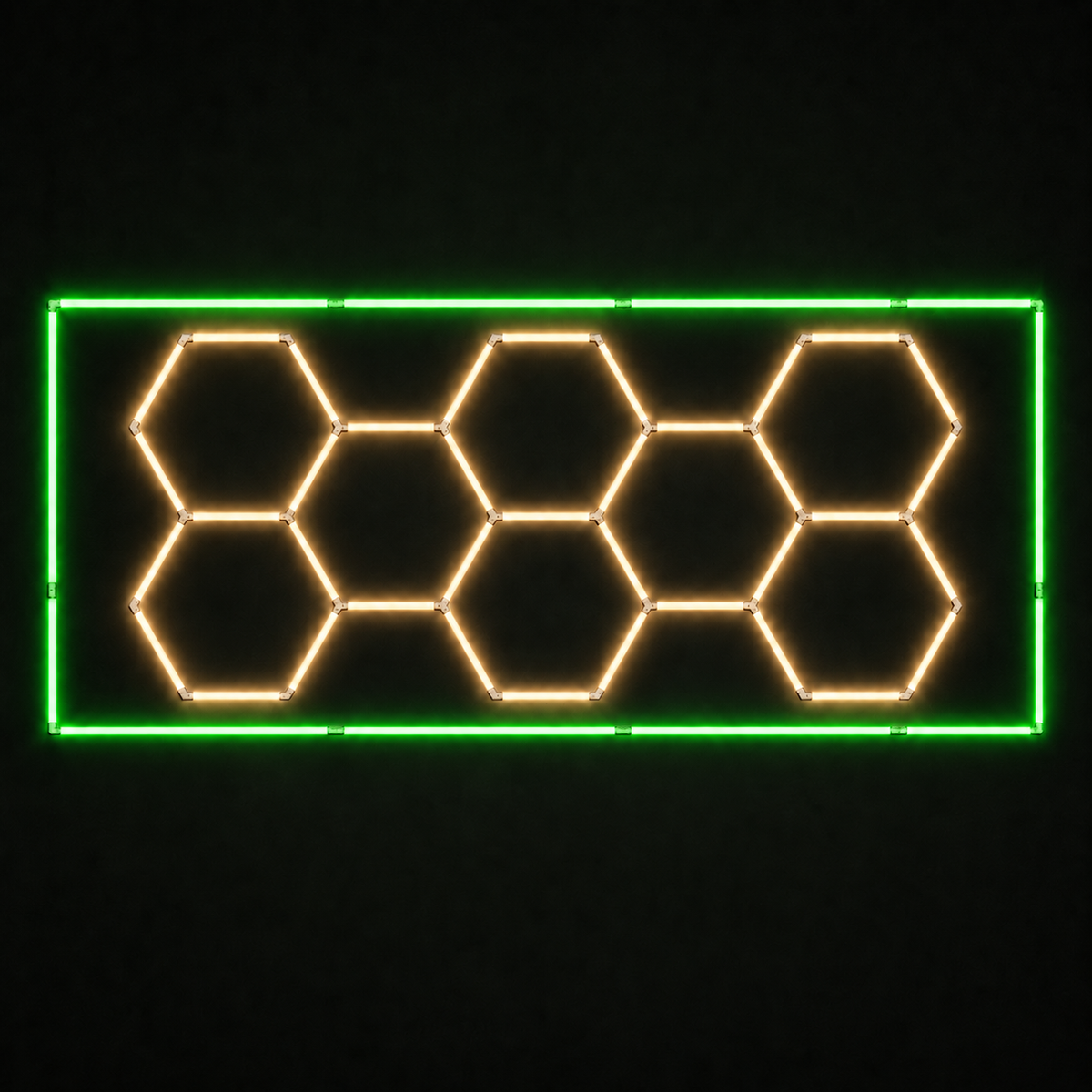 8-hex LED grid with Warm White 3000K main lights and Green border