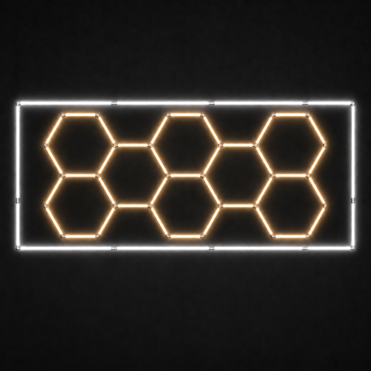 8-hex LED grid with Warm White 3000K main lights and Natural White 5000K border