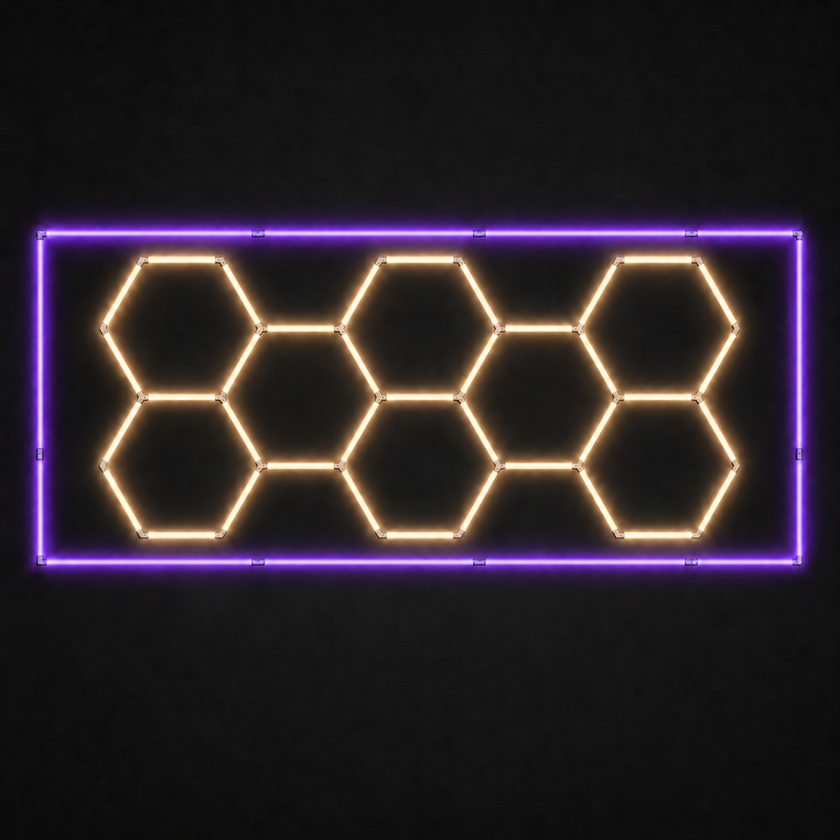 8-hex LED grid with Warm White 3000K main lights and Purple border