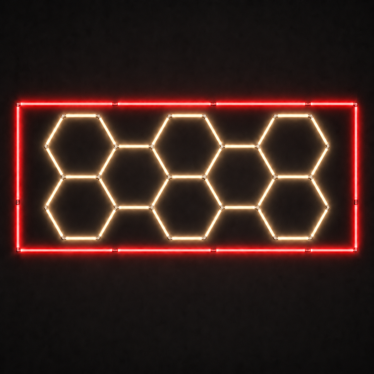 8-hex LED grid with Warm White 3000K main lights and Red border