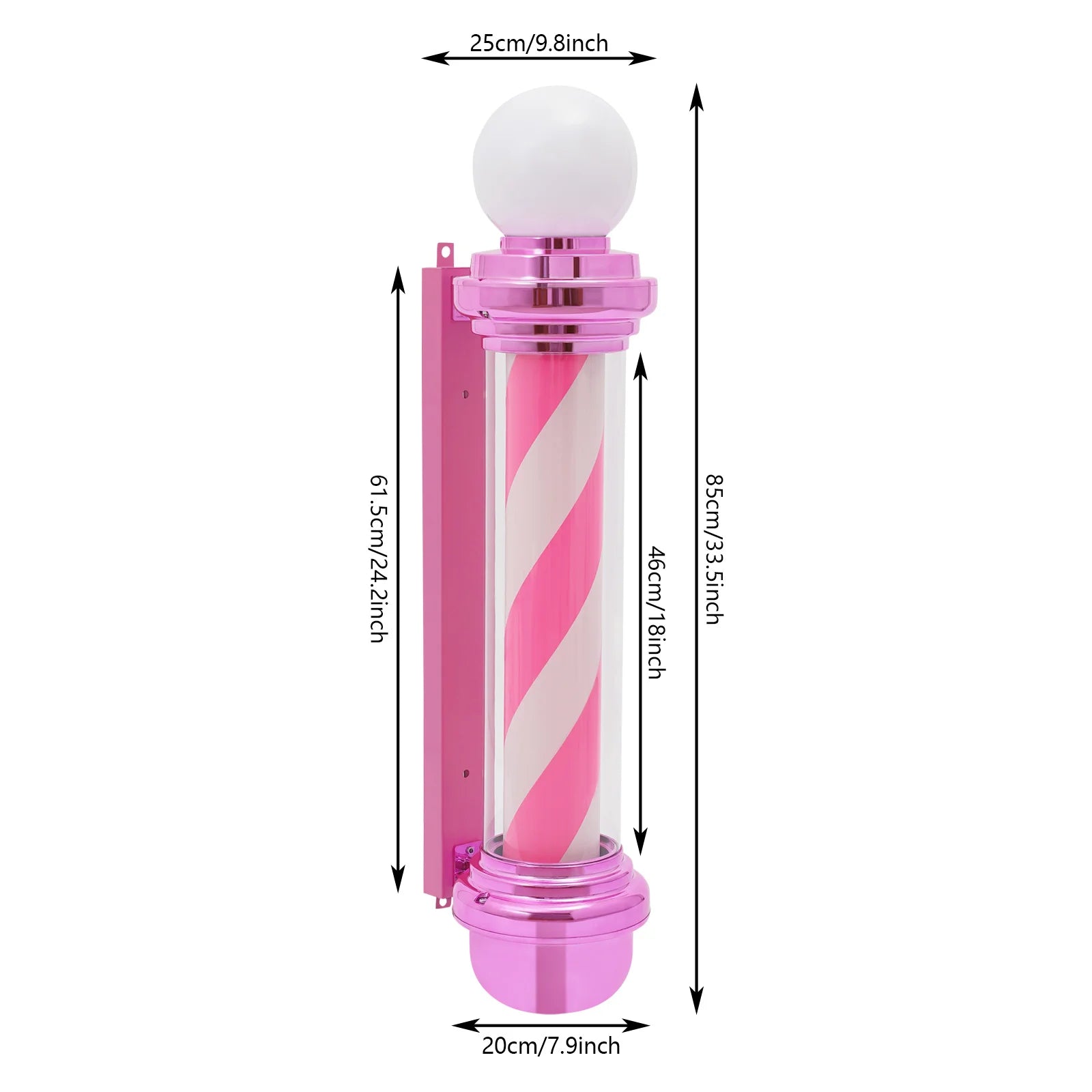 Pink and white striped candy cane with measurements on a white background