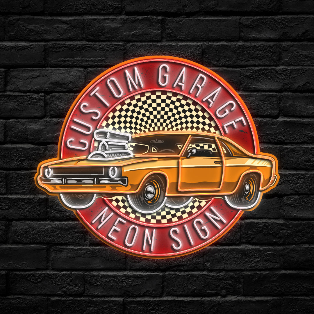 Neon sign with a classic car design on a black brick wall background