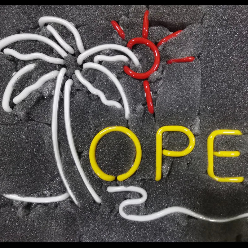 Open with Palm Tree Glass Neon Sign