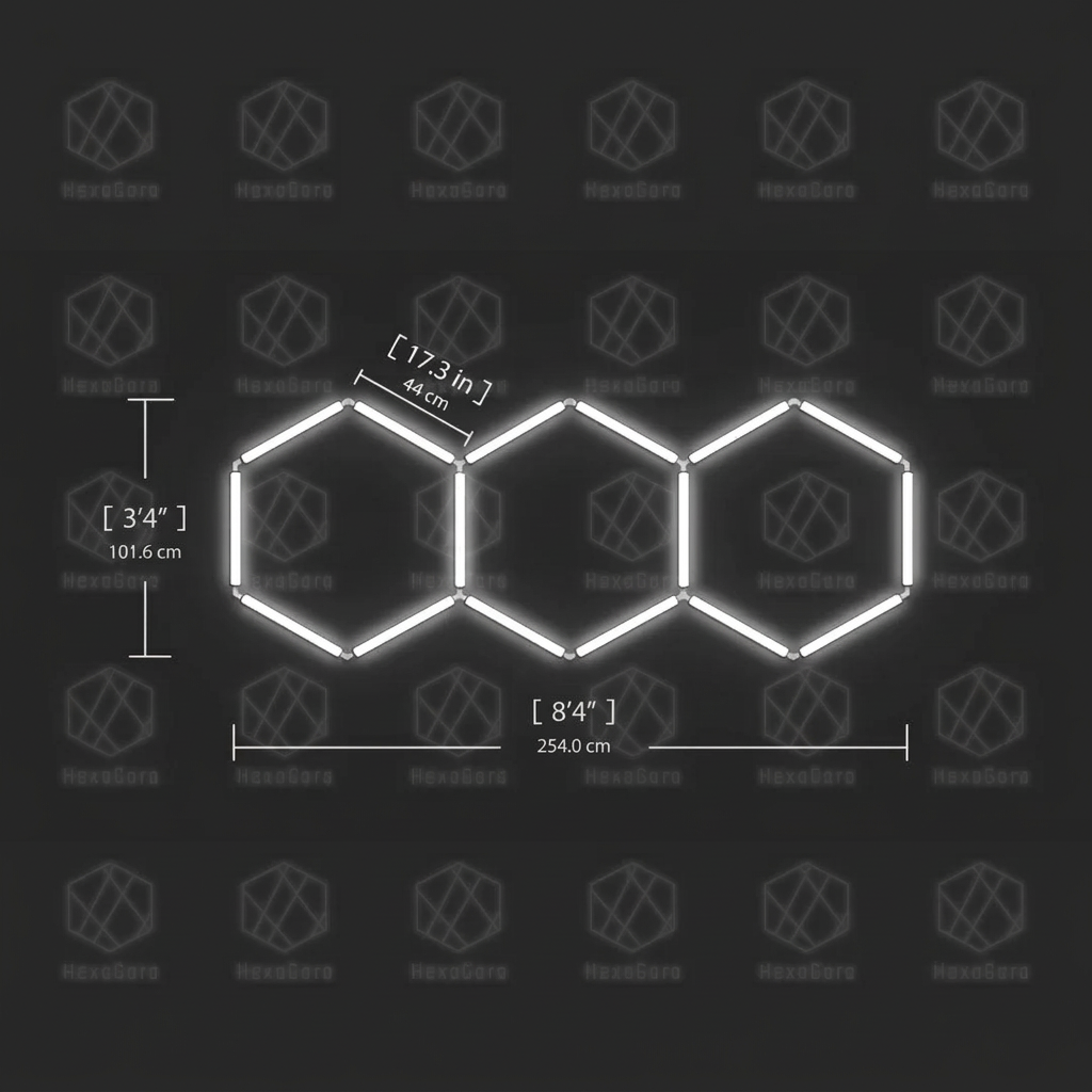 Hexagonal light fixture with measurements on a black background