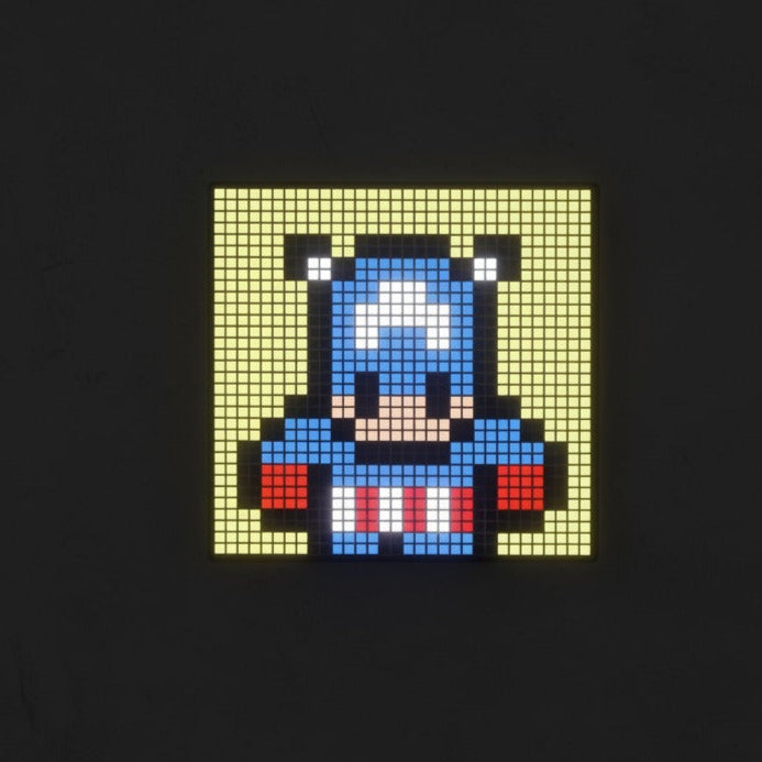 Pixelated character in a superhero costume on a black background