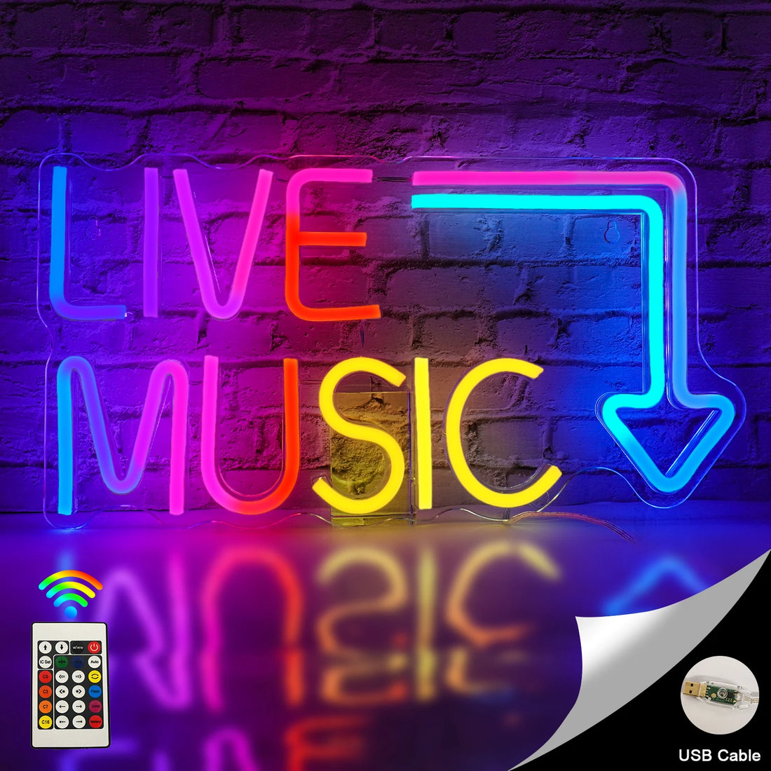 "Live Music" LED Neon Sign — USB Powered, Dimmable, Dynamic RGB