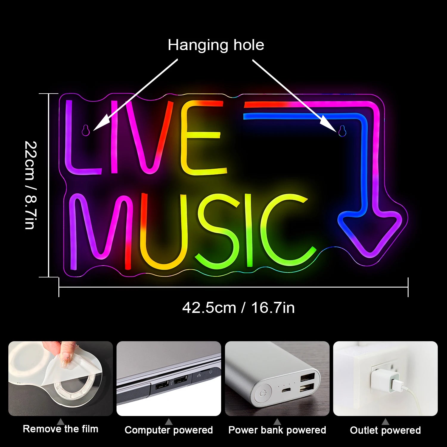 "Live Music" LED Neon Sign — USB Powered, Dimmable, Dynamic RGB