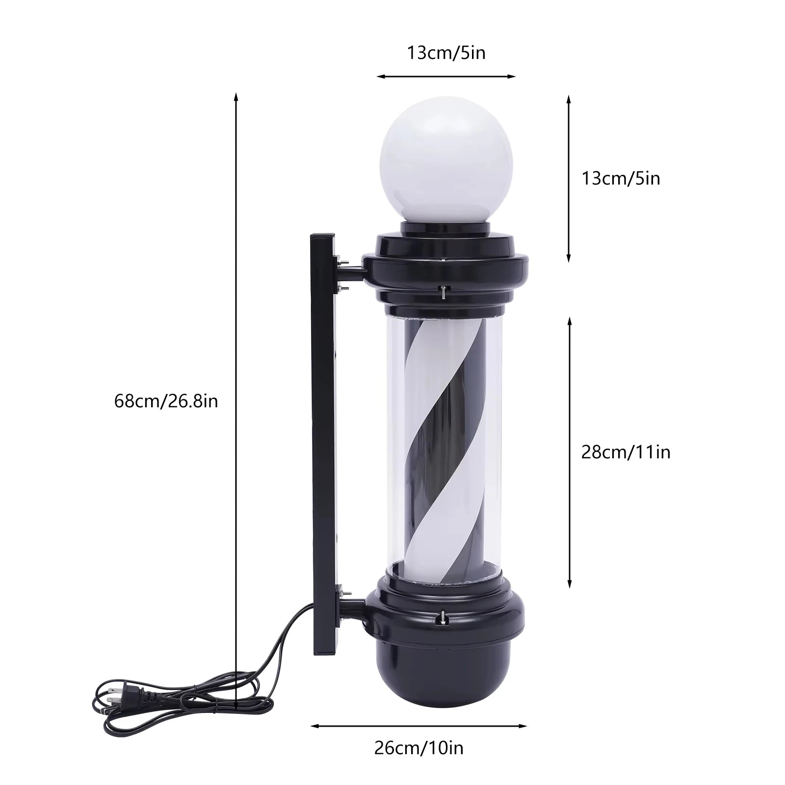 Barber Shop Rotating Entrance Pole Light (Black Caps) - 68cm x 13cm - HexaGara