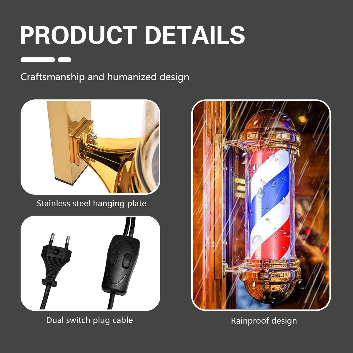 Barber Shop Rotating Entrance Pole Light (Black Caps) - 68cm x 13cm - HexaGara